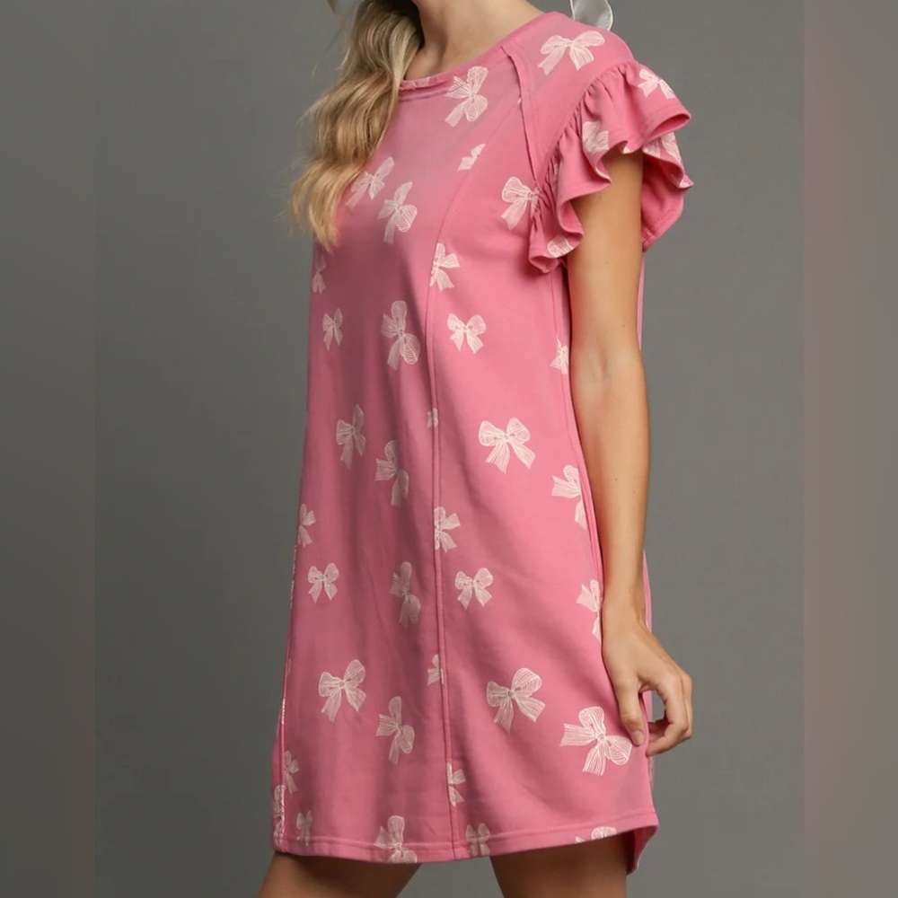 Umgee Ribbon & Bows Pink Bow‎ Printed Ruffle Sleeve Dress Size Medium